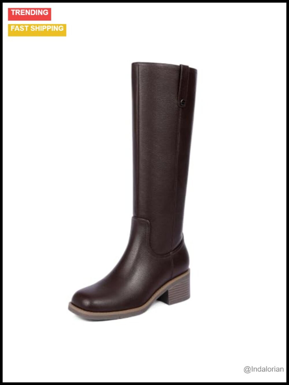 Knee High Chunky Heel Square Toe Metal Rivet Pull Tab Riding Boots